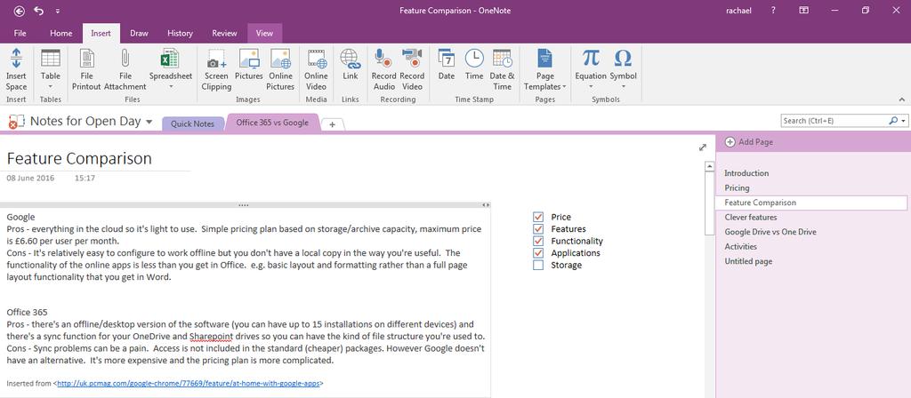The OneNote interface Other content (checklist) Search