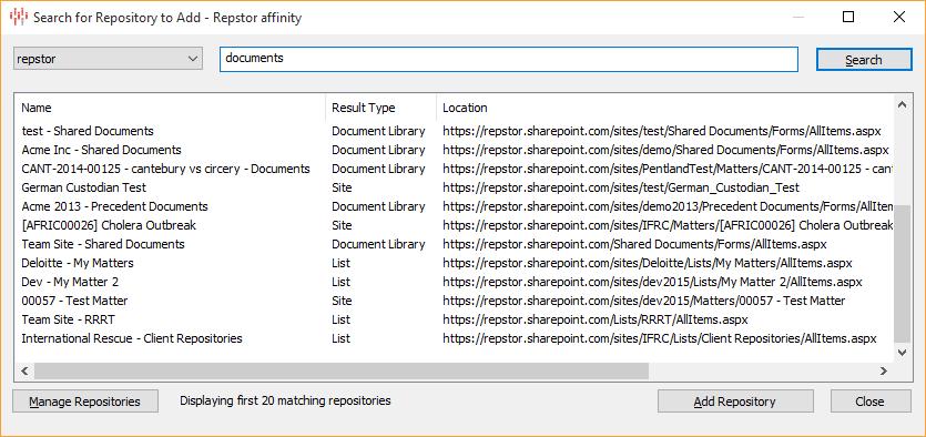 Adding a Repository using the Repository function 1. From the affinity toolbar, click Repositories. The Search for Repository dialog box is displayed.