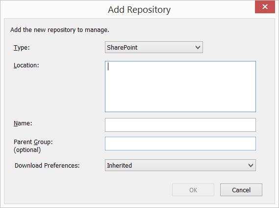 3. After selecting a repository, the Add Repository dialog box is displayed. After searching, the Type, Location and Name will be filled in already. Figure 6 - Add Repository dialog 4.