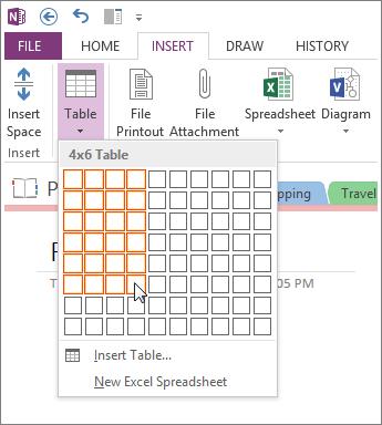 Draw a table Tables are a great way to organize information in your notes pages. Start by drawing a simple grid. 1. Click Insert > Table. 2.