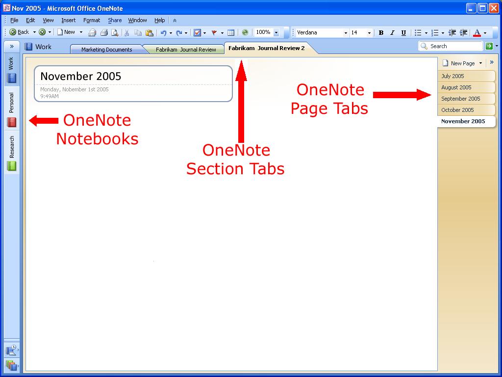 Figure 2: The layout of a OneNote page. Automatic Save A benefit of a paper notebook is its permanence; once you write something down on paper, it is always there.