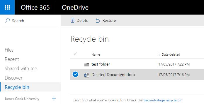 Recovering Deleted Files Deleted documents are able to be recovered from OneDrive for Business online.