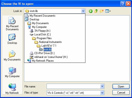 a. LabVIEW setup for the DC Power Supply 1. Click the Open drop down box in figure 7. You should see figure 8. Figure 8.