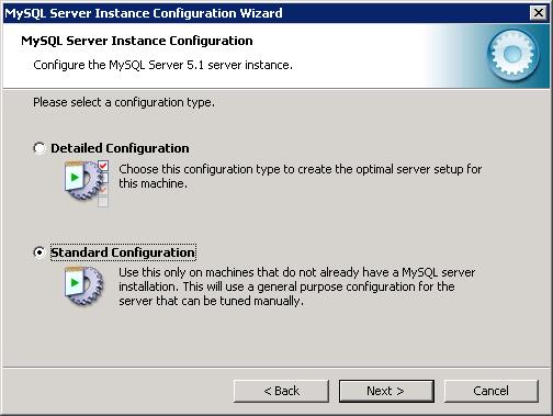 Wizard will pop up to configure your MySQL Server. Select the Standard Configuration.