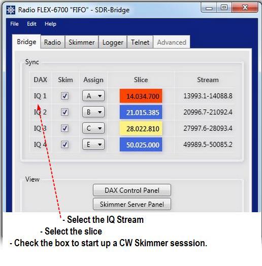 Using SDR-Bridge Snapshot shows 4 CW skimmers set up. Start your testing with just one. Select IQ1, select a slice (e.g. Slice A), check the SKIM box to start up a skimmer session.