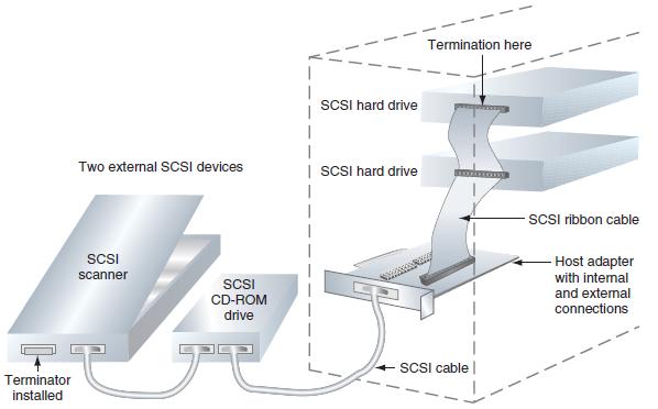 Figure 6-14 Using a SCSI bus, a SCSI host adapter card can support internal and