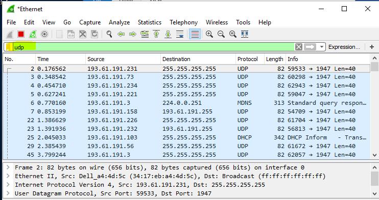 3. Wireshark will automatically start capturing packets on the network. Now, enter a filter of udp. (This is shown below).