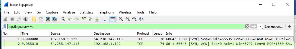 You can also search for packets with the SYN flag on using the filter expression tcp.flags.syn==1.