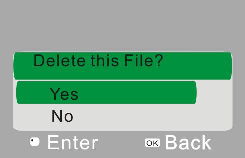 Press the OK button to enter. After selecting One, press the OK button to confirm (alternatively, select All to delete all files).