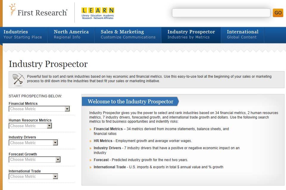 Industry Prospector Tab Clicking on the Industry Prospector tab will open the Industry Prospector page.