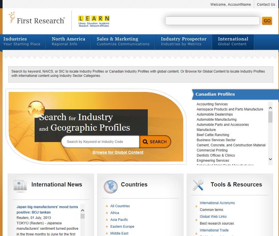 International Tab Clicking on the International tab opens the International page. This page has a search feature that allows you to search for industry profiles using a keyword search.