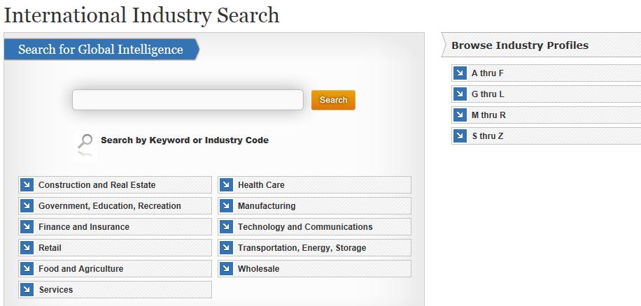On the International Industry Search page, each entry on the list is a header for a major sector of industry.