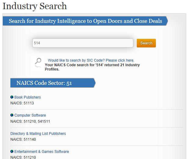 includes the NAICS & SIC codes that are included in that profile. Clicking on the industry name will open the Industry Profile page for that industry.