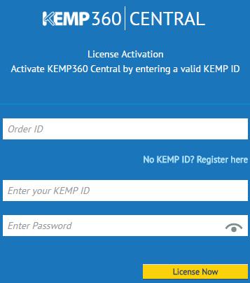 KEMP360 Interface Description Figure 2-3: Enter Credentials 4. Enter your KEMP ID (the email address used when registering the KEMP account). The Order ID is optional for standard licenses.