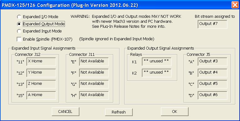9.0 Verify Mach3 Settings in Plug-In Dialog Any time you change any of the input or output pin settings in Mach3, you can open the PMDX-125 Configuration dialog to verify that the PMDX-125 is using