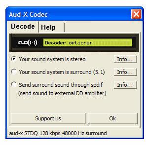 Sound Decoding with Aud-X DirectShow filter Aud-X decoder configuration: Select this checkbox if