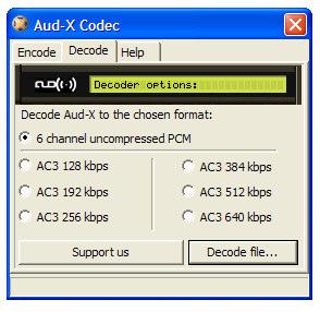 Sound Decoding with Aud-X Executable Decoder Sometimes users have to leave one standard and reencode the content into the other. You may find it useful to change Aud-X track back into AC3 format.