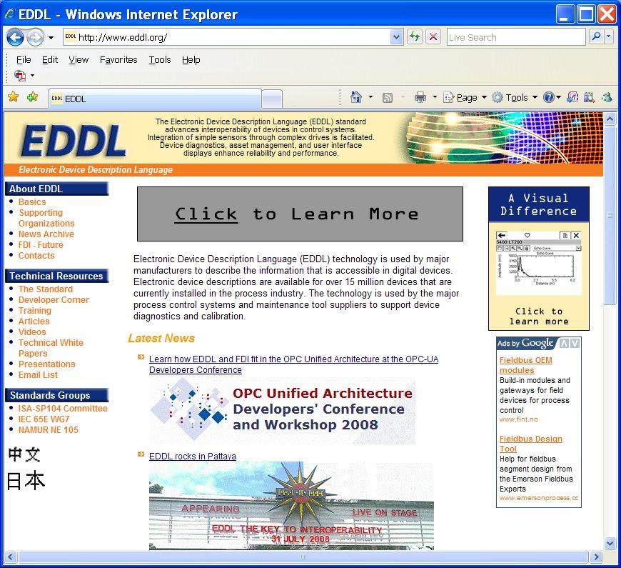 EDDL.org Web Site A variety of information is provided on the EDDL standard, we provide answers to