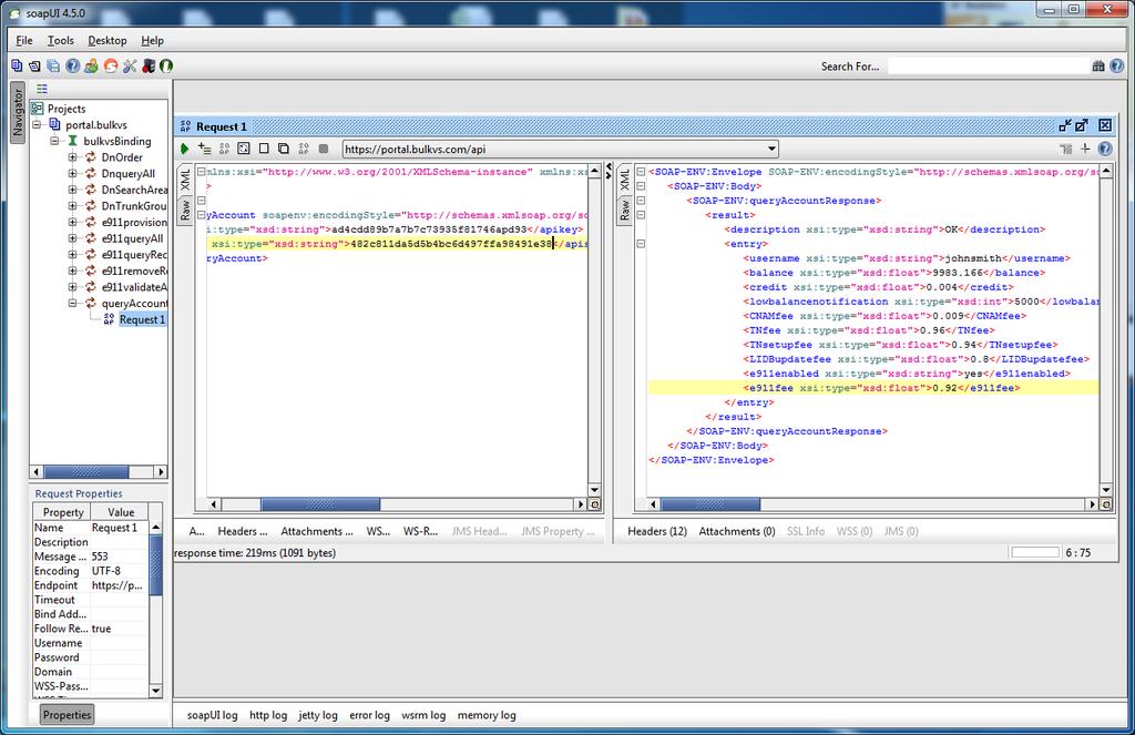 5.After I click on the run button the bulkvs.com API will respond back with an XML output.