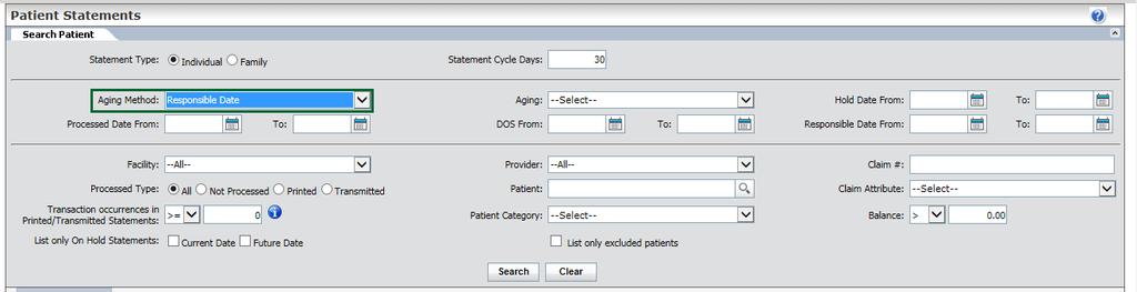 SHOWING RESPONSIBLE DATE AS DEFAULT ON PATIENT STATEMENTS On the Patient Statements screen, you will now see the Responsible Date as default in the Aging Method field.