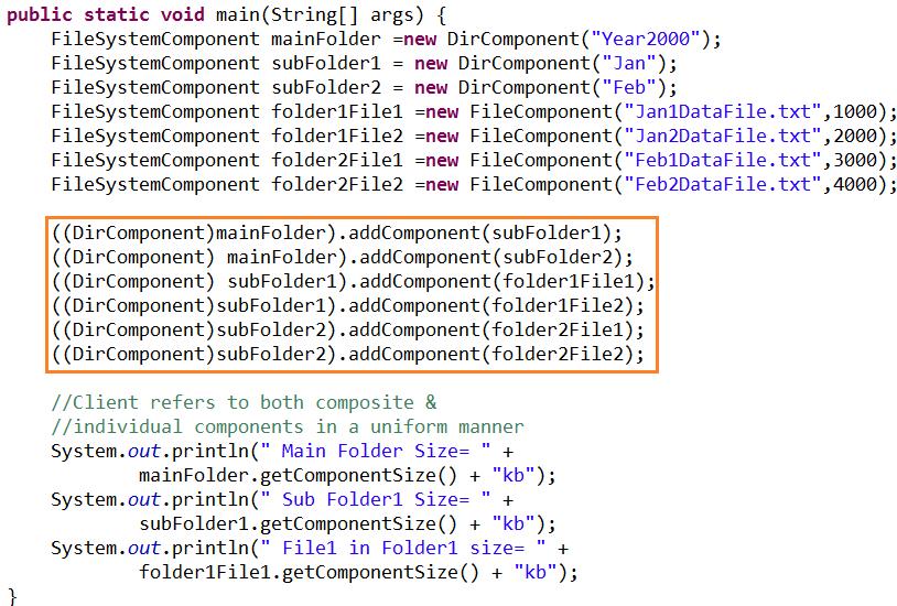 Cmpsite pattern Mtivatin Example First apprach prblem When the client wants t query any f these bjects fr its size, it can simply invke the getcmpnentsize methd.
