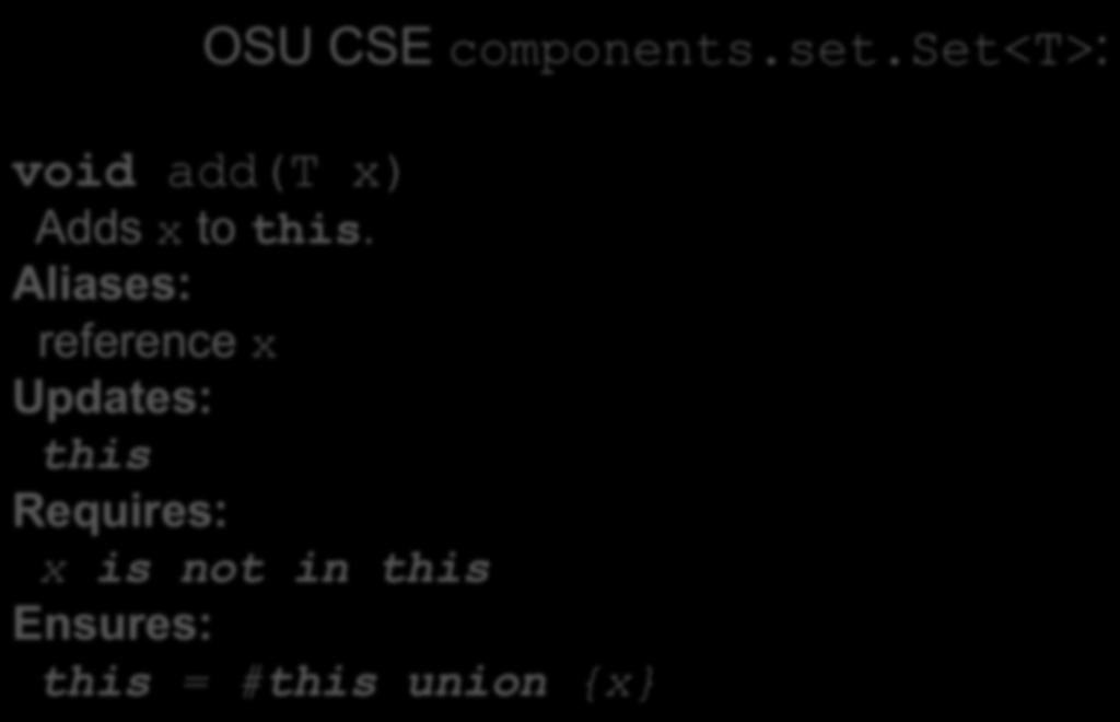 Difference #1: Level of Formalism JCF interfaces OSU CSE components.set.set<t>: include only informal void Javadoc add(t comments x) for contracts (rather than Adds x using to this.