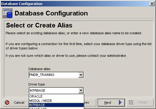 Enter PMDB_TRAINING for the Database alias