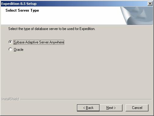 When prompted for type of database server, select Sybase