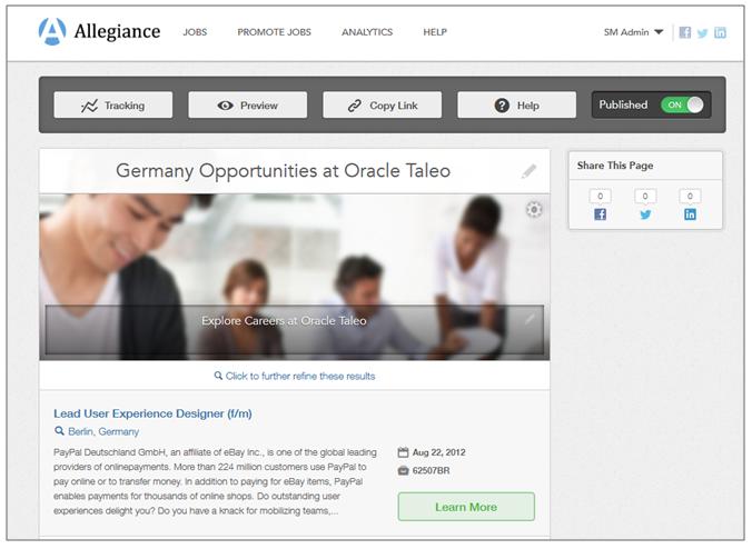 Chapter 4 Manage Landing Pages Module Figure: Administrator view of a Location Landing page for Allegiance job opportunities in Germany.