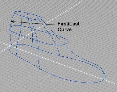In the Perspective view, pick the three curves as shown in the image below and press the spacebar to end the curve selection in direction 1. The Console prompts: Select curves direction 2. 4.