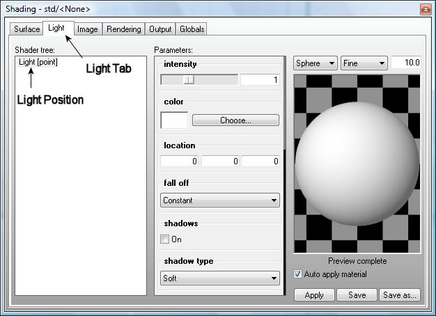 Step 2: Assign a light source 1. Click the Light icon. White light is selected. Yellow light is not selected. 2. From the Managers menu, select Shading or Ctrl + 3 to display the Shading panel.