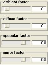 Default values Modified values Reflected floor A higher mirror factor and lower ambient and diffuse factors create a highly reflected material (like a mirror); while a lower mirror factor and higher
