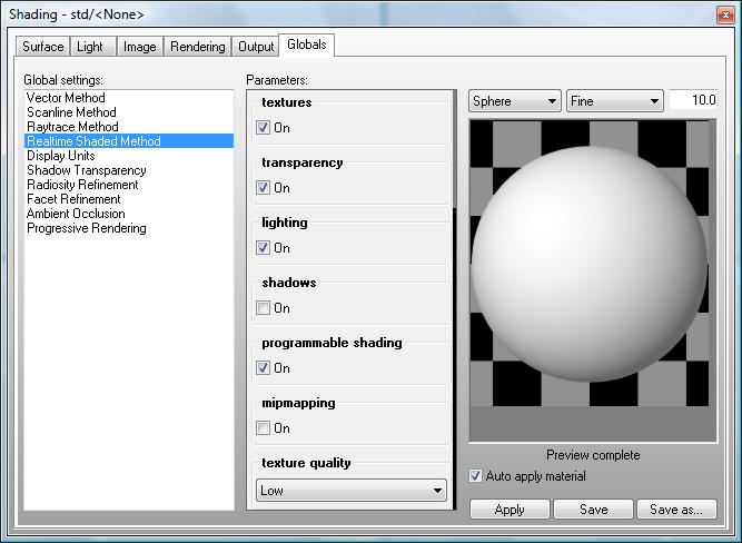 Step 2: Activate shadow casting in Real Time Shading: 1. From the Shading panel, select the Globals tab. 2. From the Global settings list, select the Realtime Shaded Method option. 3.
