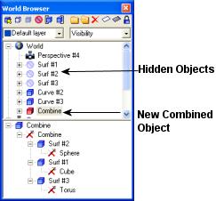 Step 1: Modify a combined object 1. Open the file combine.st. 2. Click the combined object to select it. 3. From the Construction History, select Surf #11 (Sphere). 4.