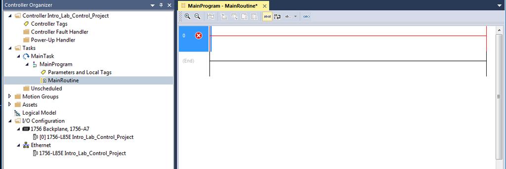 2. Double-click the MainRoutine icon and maximize the ladder window if it is not maximized. This will open the routine editor.