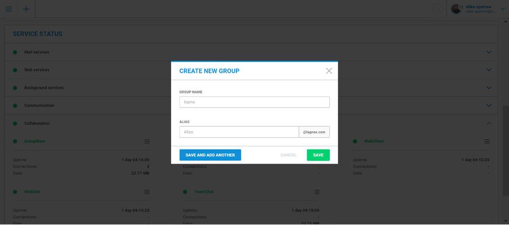To create new group in WebAdmin follow these steps: From the Plus menu in the top left corner choose New group option. Fill in appropriate tables - name and alias.