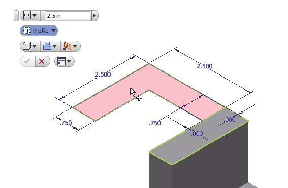 In the Extrude popup control, the Profile option is activated; Autodesk