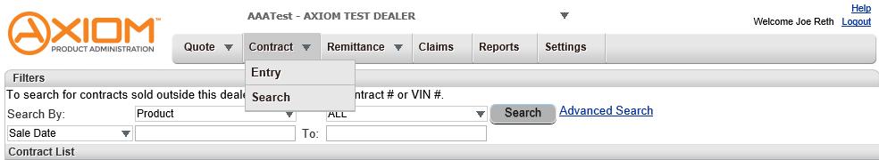 Contracts Once a contract is Submitted, it can be found by using the Contract Search tab. Scroll over the tab and select Search. There are many ways to search for a contract.