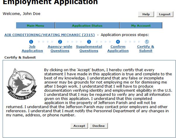 Step 20 The next page asks you to accept or decline the Certification Statement.