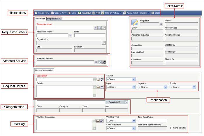 Home Section - Functions Create Ticket Nimsoft Service Desk allows you the ability to log new Service Request using the Create Ticket link under Home.