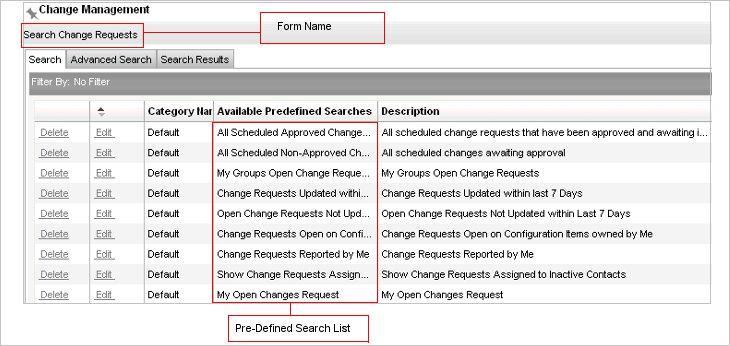 Change Management - Functions Search Change Requests Clicking on this link takes you to a Search Request Page where you will be able to view a list of Pre-defined Search Options that have been made