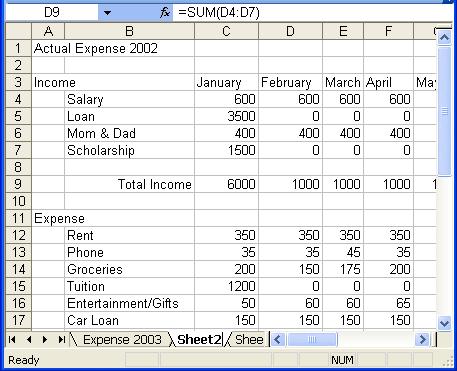 Slide 8 xample Cell ranges = months, monthly income, monthly expense, and monthly totals 8 You have to make this chart for question b Slide 9 Create a Budget Copy the expense worksheet to a new sheet