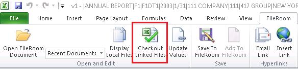 Locating and checking out linked FileRoom spreadsheets from Microsoft Excel To locate and check out linked FileRoom spreadsheets from Microsoft Excel, complete the following steps. 1.