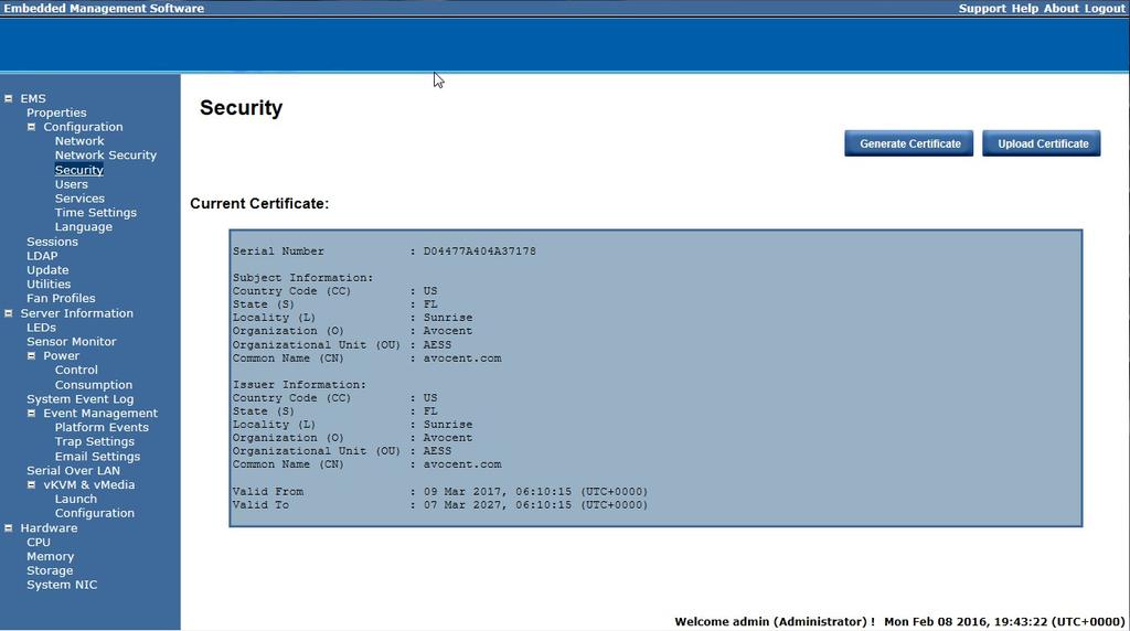 Security The Security page shows the current certificate status.