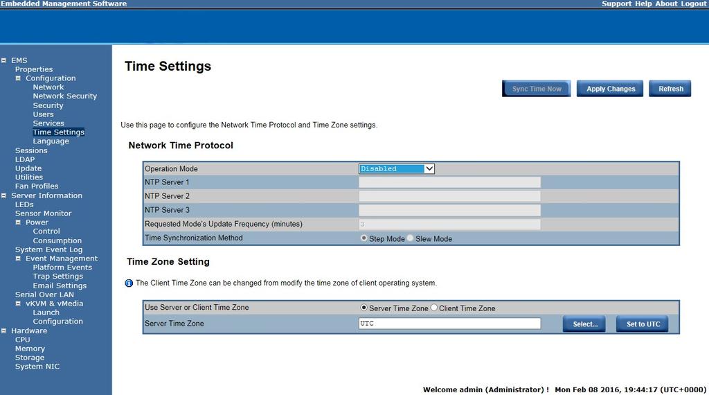 Time Setting This page provides the mechanism to configure the Network Time acquisition method.