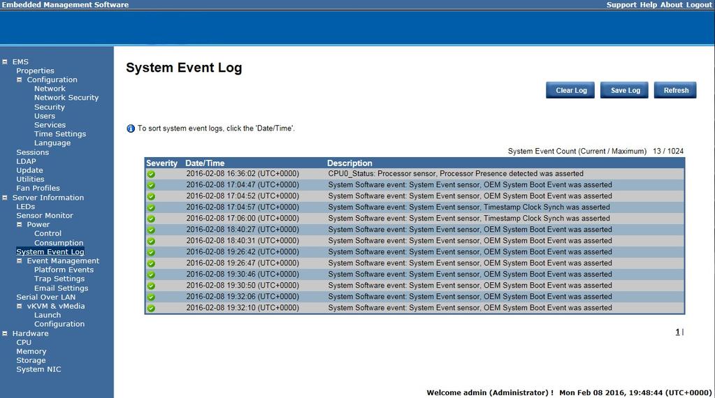 System Event Log It records the event when sensor has an abnormal state.