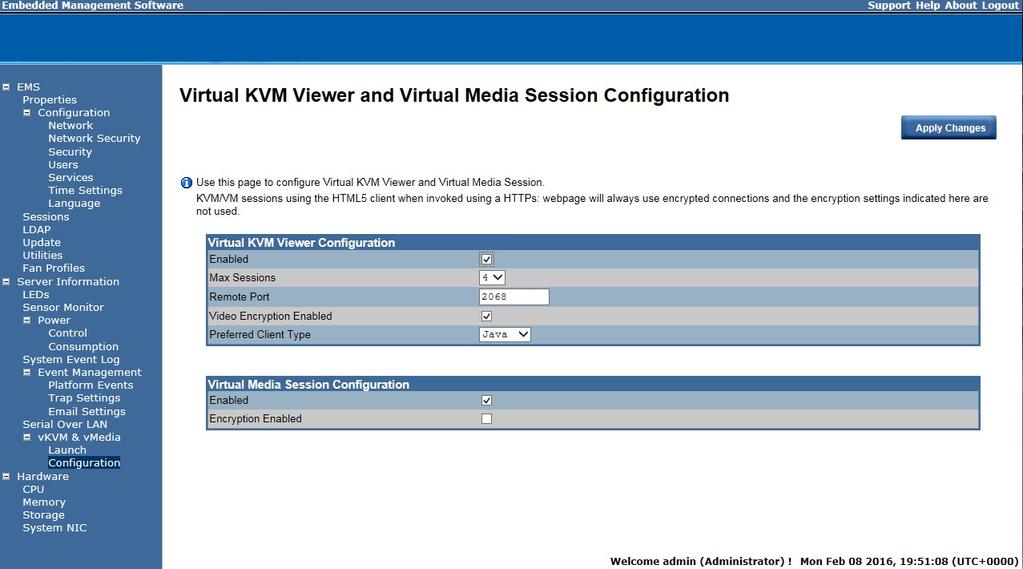vkvm & vmedia Session Configuration This screen allows you to configure the Remote Console settings.