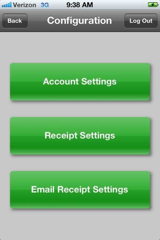 On the Configuration screen, you have the option of setting or editing your Account Settings, Receipt Settings and Email Receipt Settings.