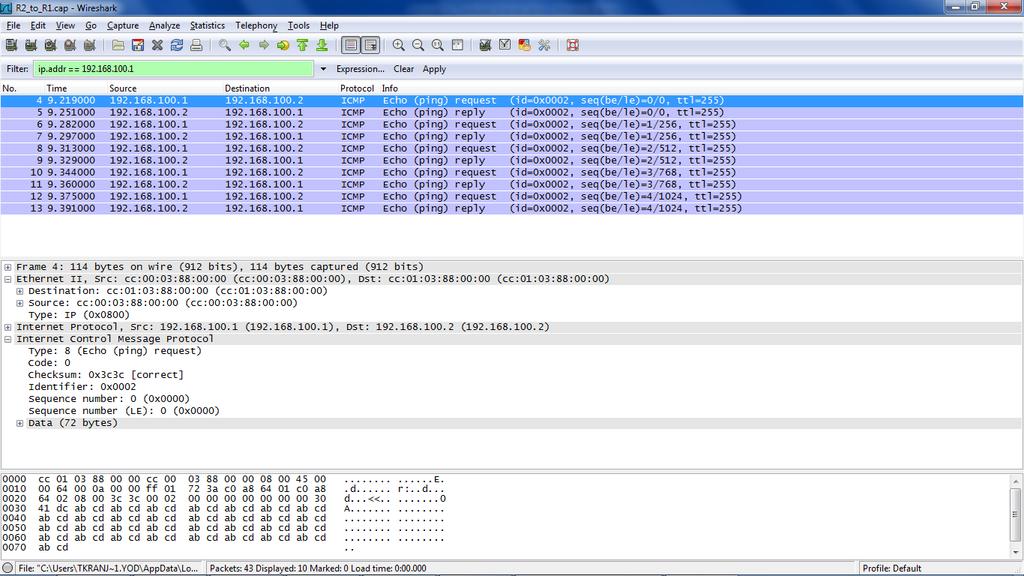 Slika 16. Snimljeni promet između usmjerivača R1 i R2 [2.] Promet snimljen u programskom alatu Wireshark (primjer je na slici 16.
