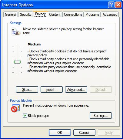 2.2c Disabling pop-up blocker in the browser, including secondary browser bar like Yahoo!, Google Toolbar, or AOL etc. Disabling pop-up blocker for Microsoft Internet Explorer 6.0 1.